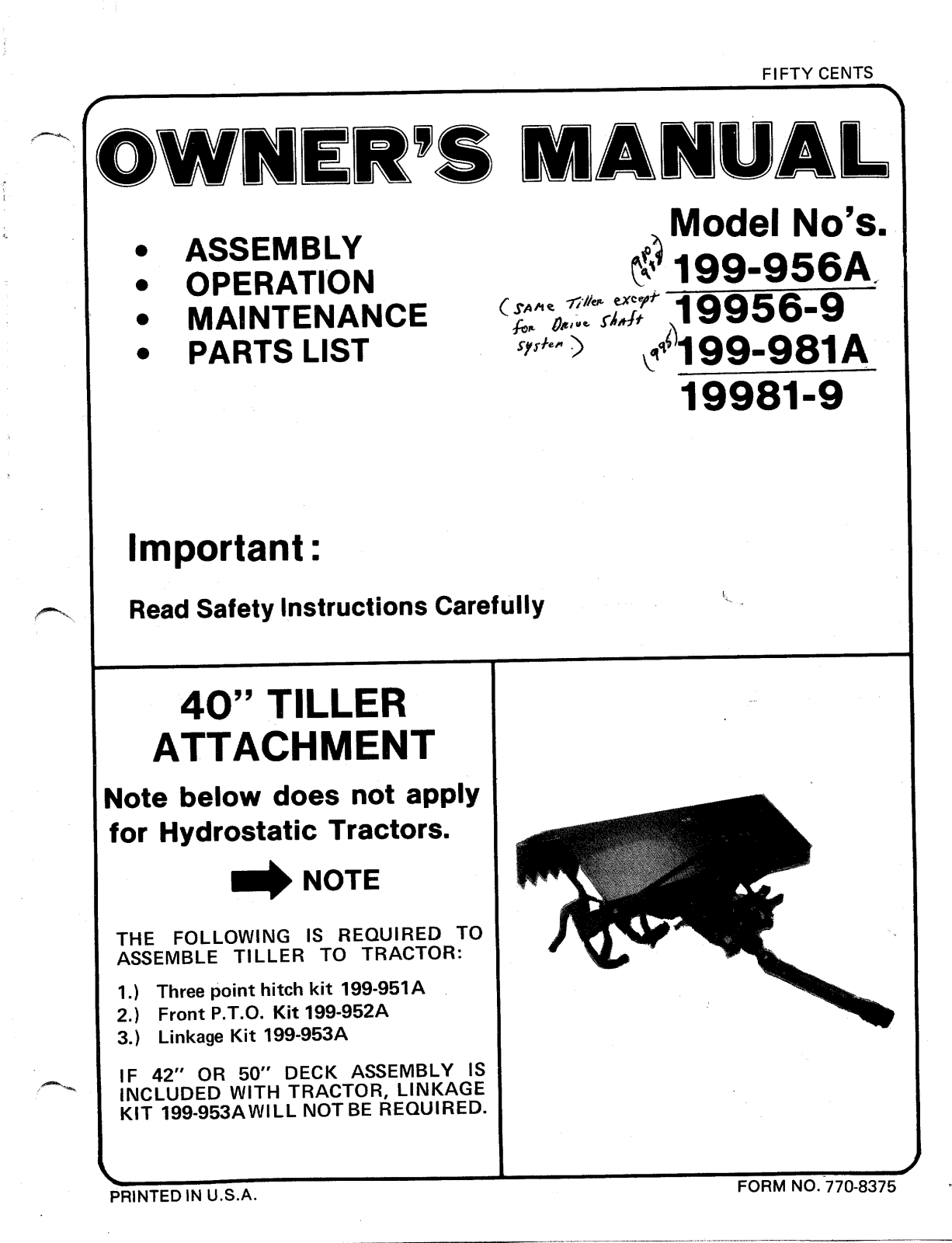 Bolens 199-981A, 19981-9, 19956-9, 199-956A User Manual