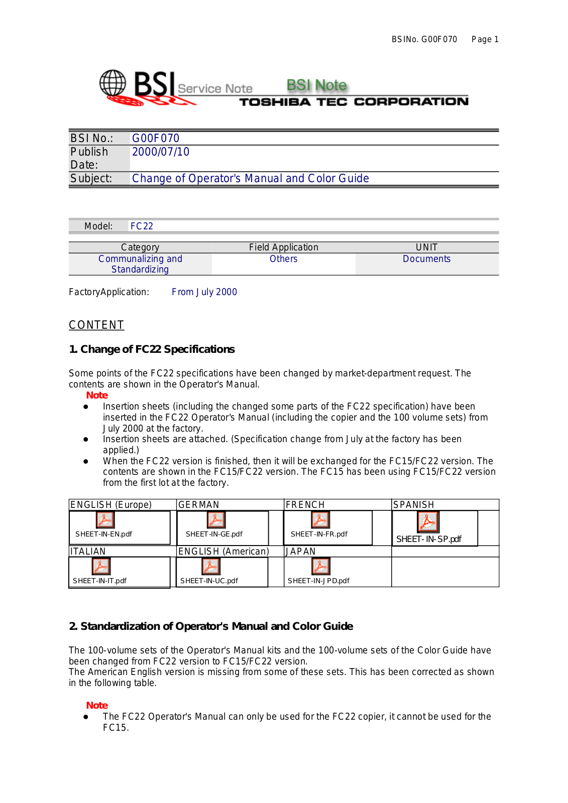 Toshiba G00F070 Service Note