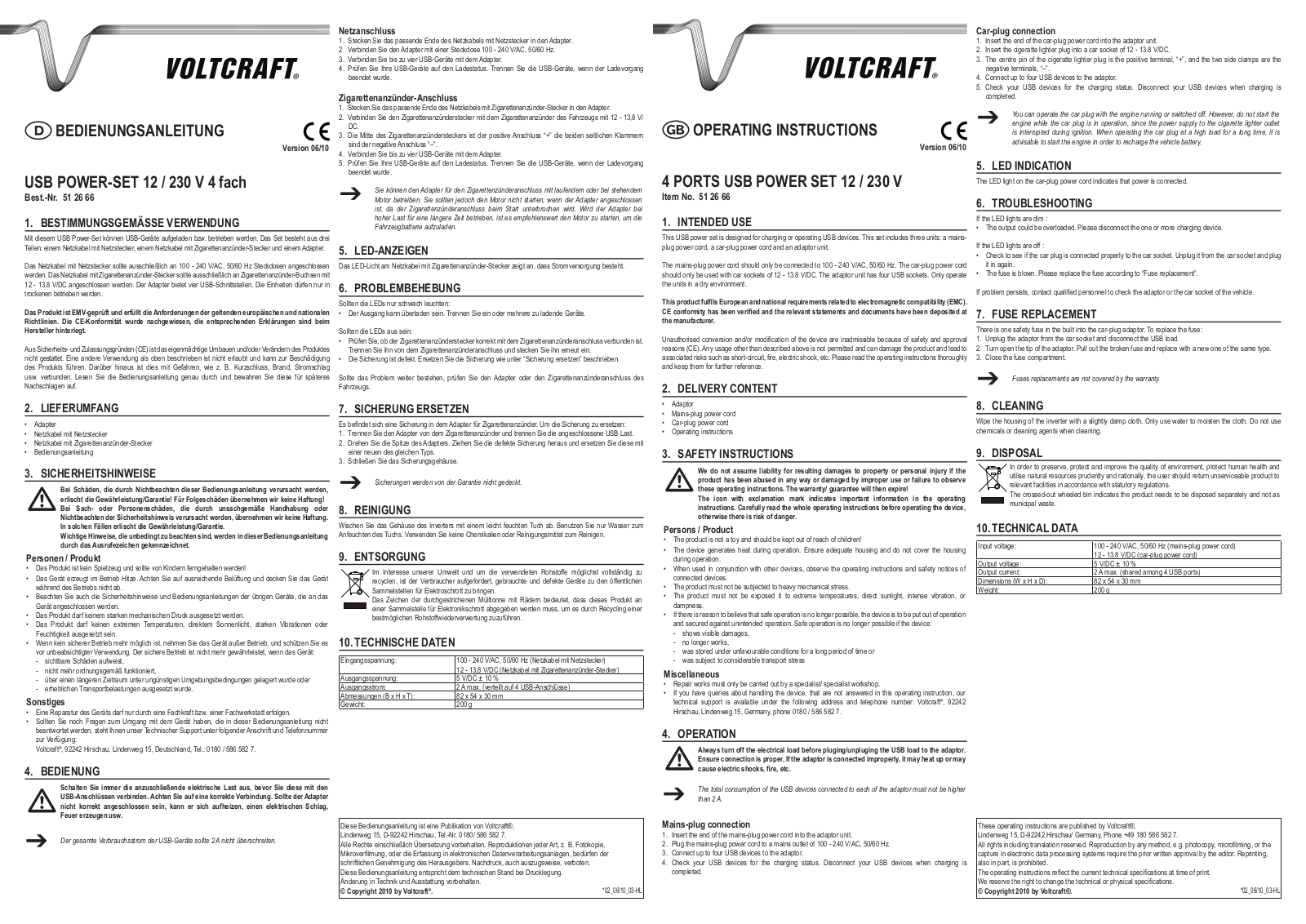 VOLTCRAFT USB-POWER SET 12/230V Operating Instructions