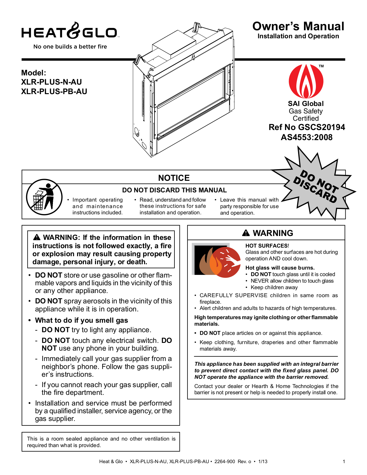 Heat & Glo XLR-PLUS-PB-AU User Manual