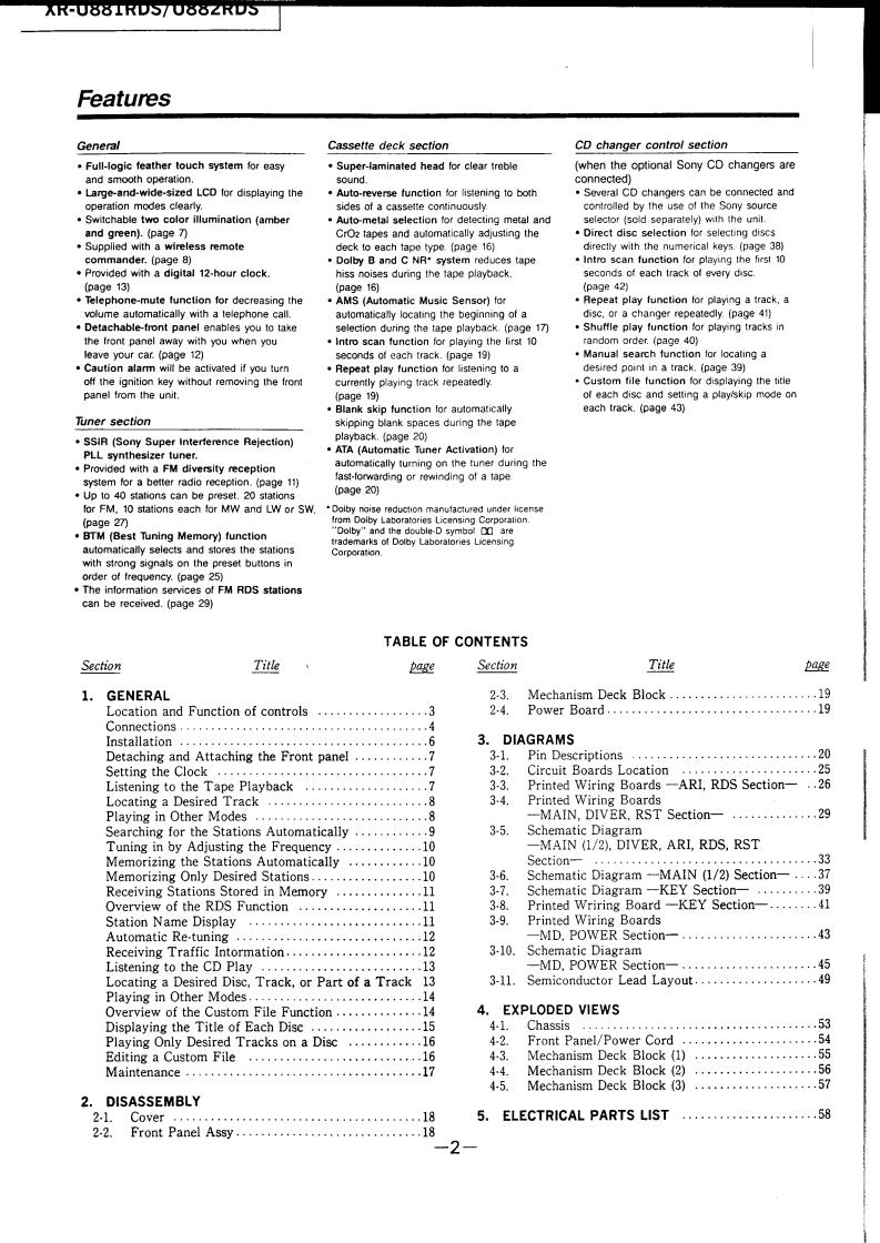 Sony XR-U881RDS, XR-U882RDS Service Manual