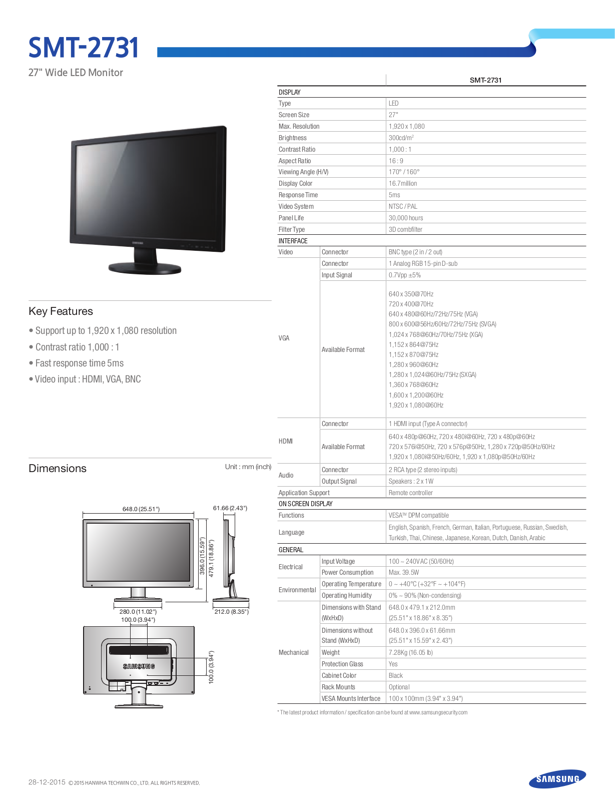 Samsung SMT-2731 Specsheet