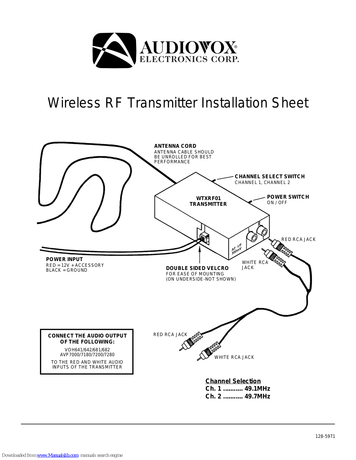 Audiovox WTXRF01 Installation Sheet