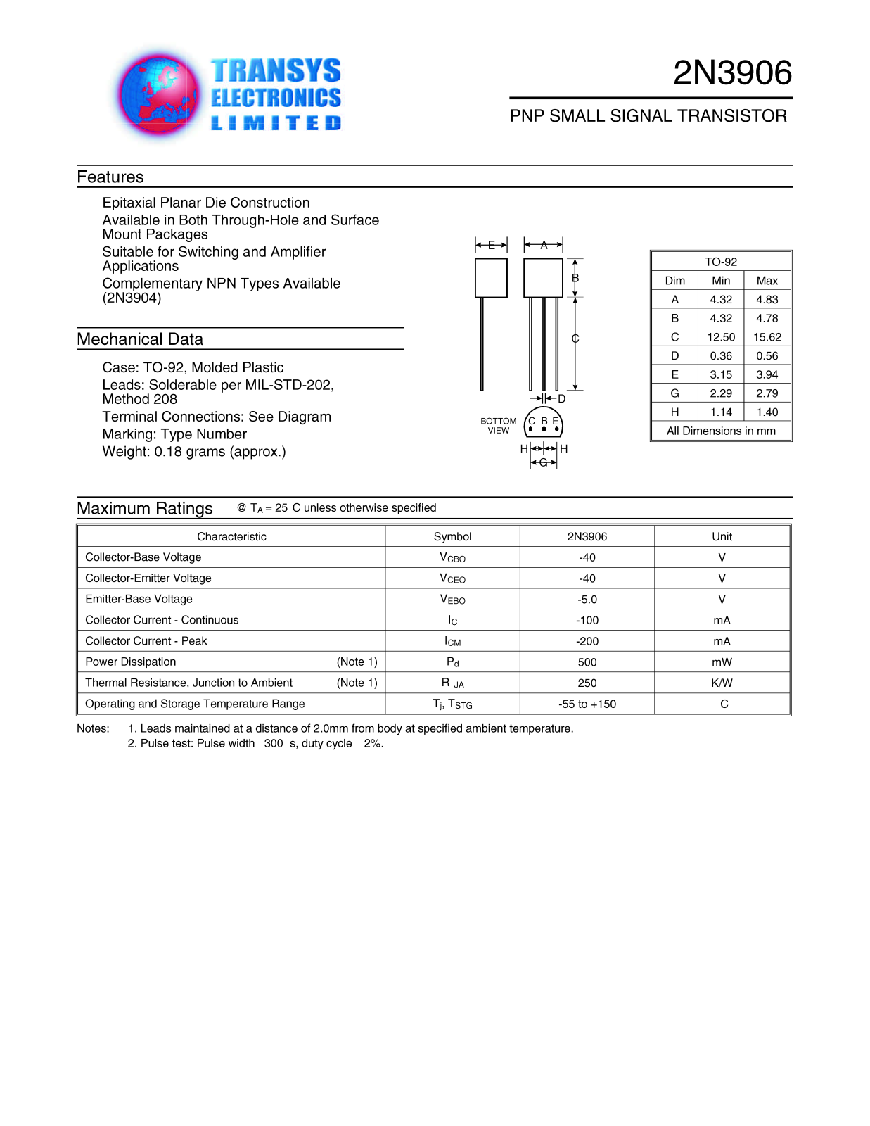 TEL 2N3906, 2N3906 Datasheet