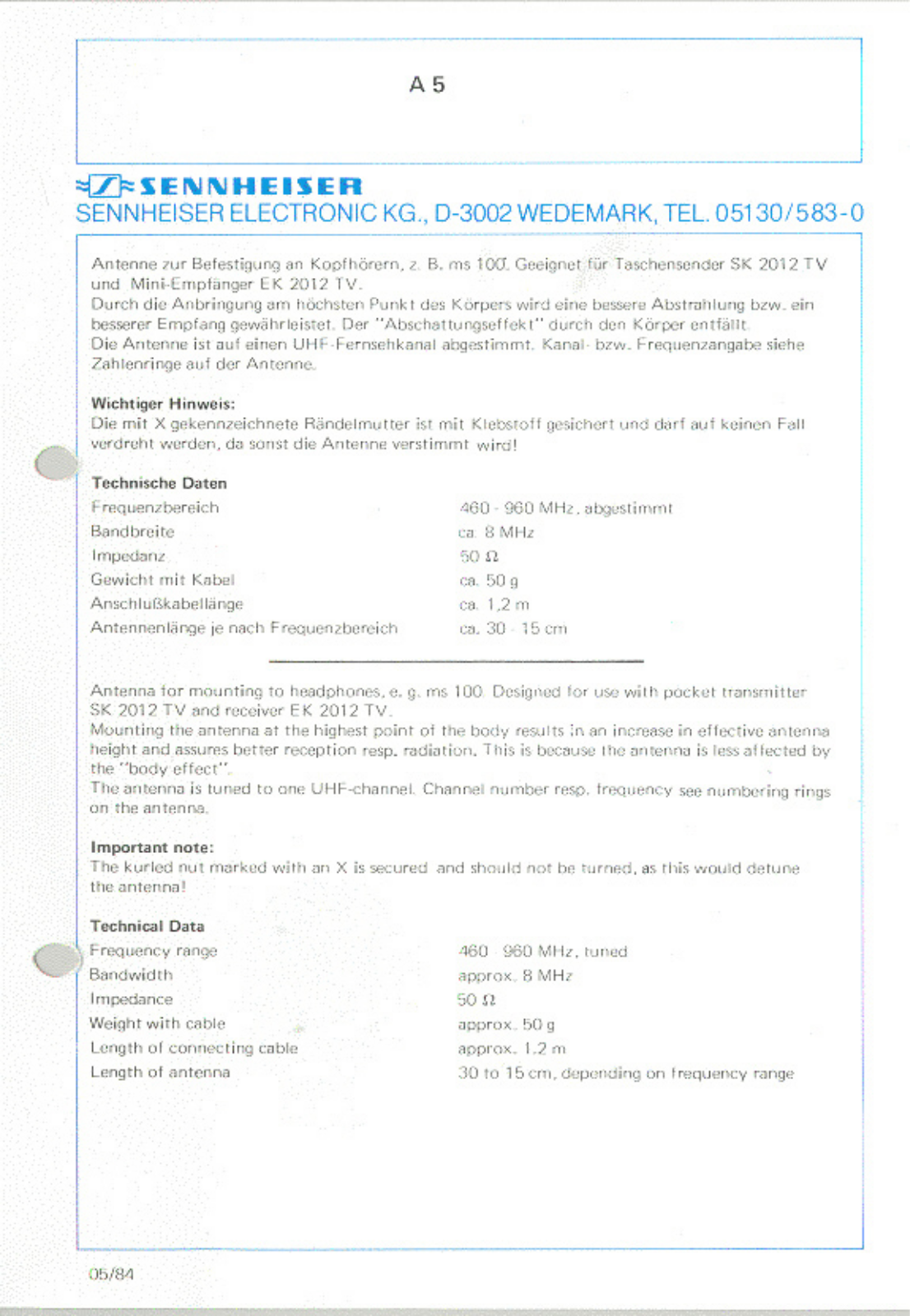 Sennheiser A 5 Instruction Manual