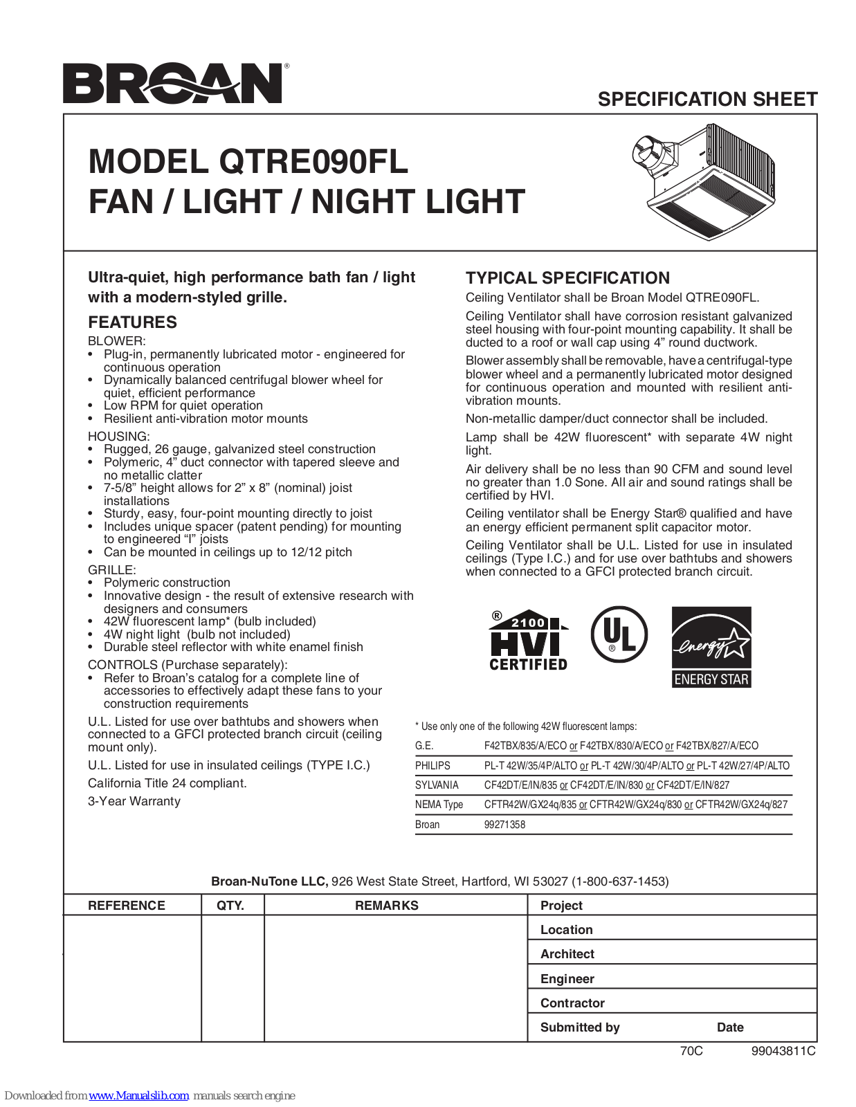 NuTone QTRE090FL Specification Sheet