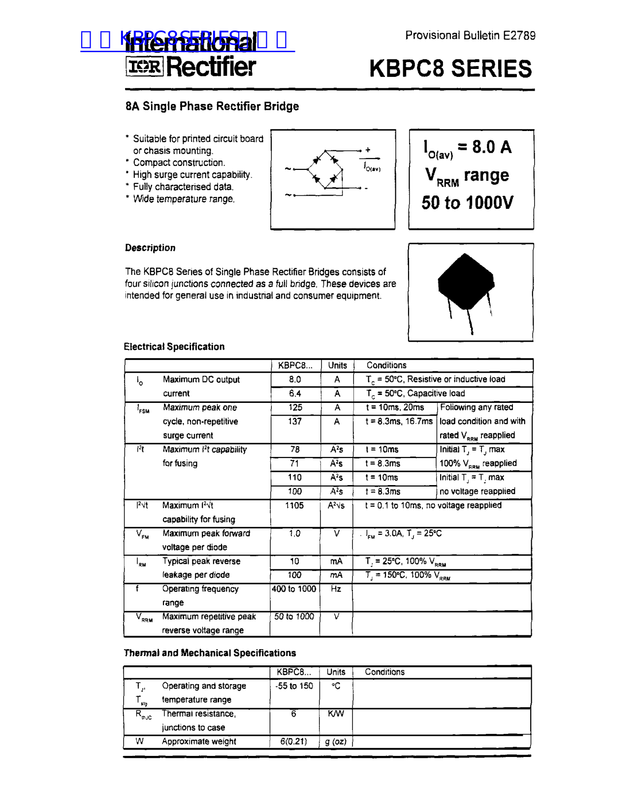 International Rrectifier KBPC8 User Manual