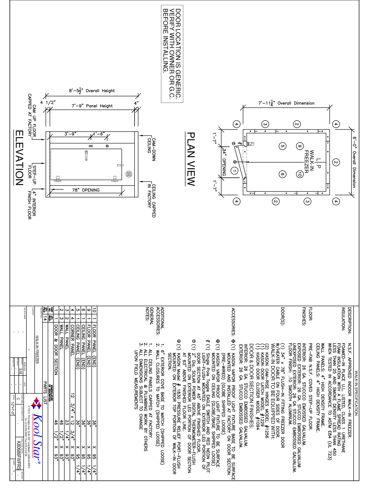 Kool Star 8X6 Freezer Parts Diagram