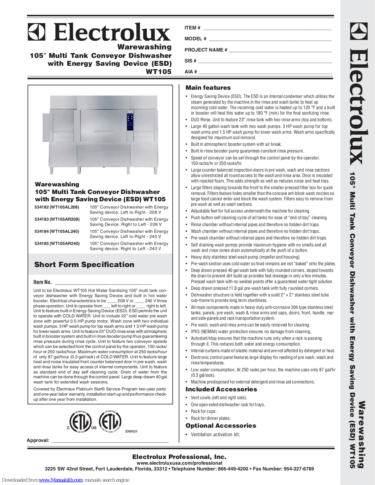 Electrolux 534184, 534183, 534185, WT105AL208, WT105AL240 Specification Sheet - ManualMachine.com