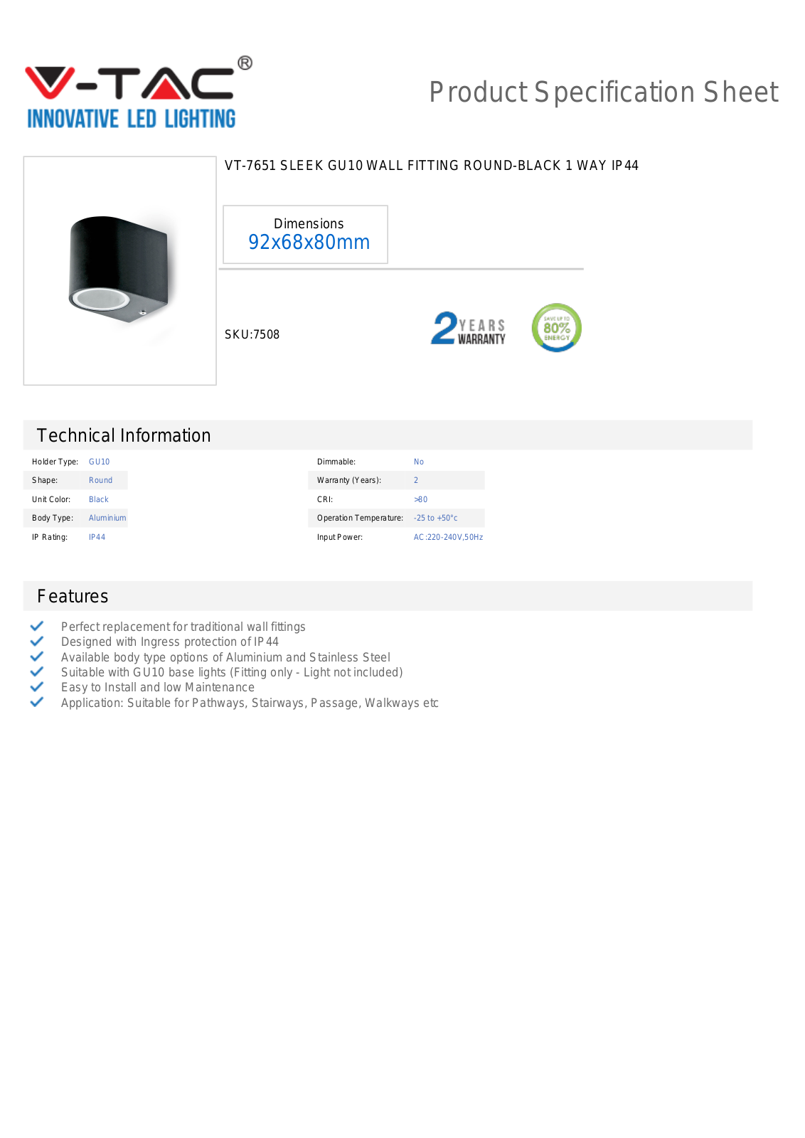 V-TAC VT-7508 Datasheet - ManualMachine.com
