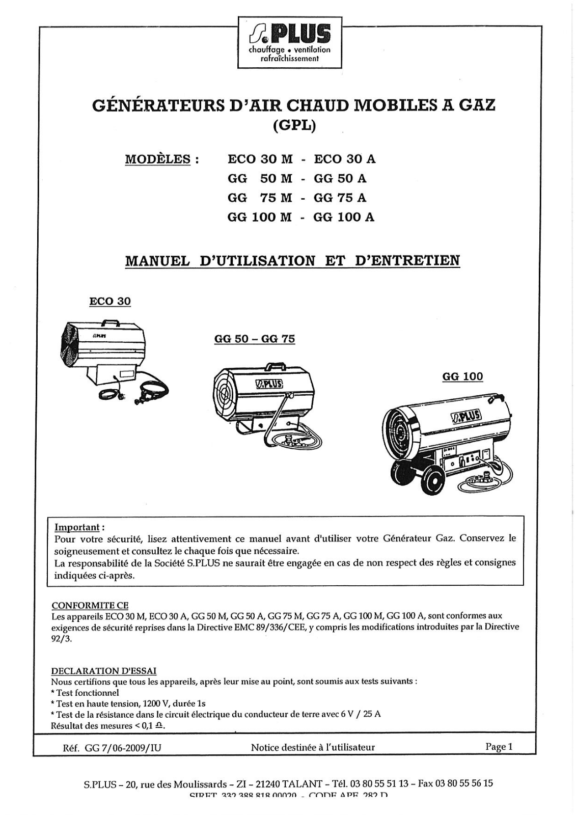 S.plus ECO 30 M, GG 100 A, GG 75 A, GG 50 M, ECO 30 A User Manual