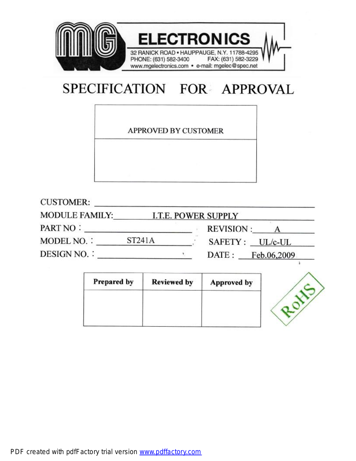 MG Electronics ST-241A Specsheet