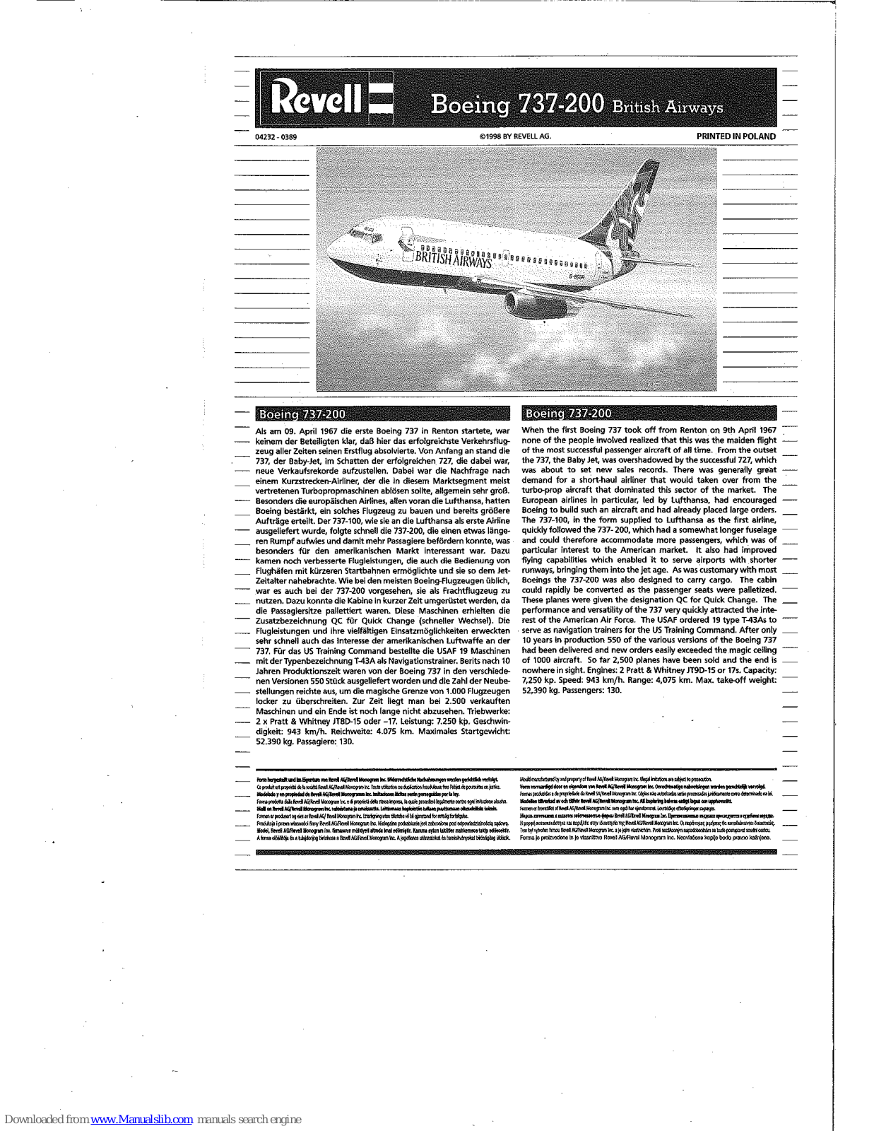 REVELL Boeing 737-200 British Airways Assembly Instructions Manual