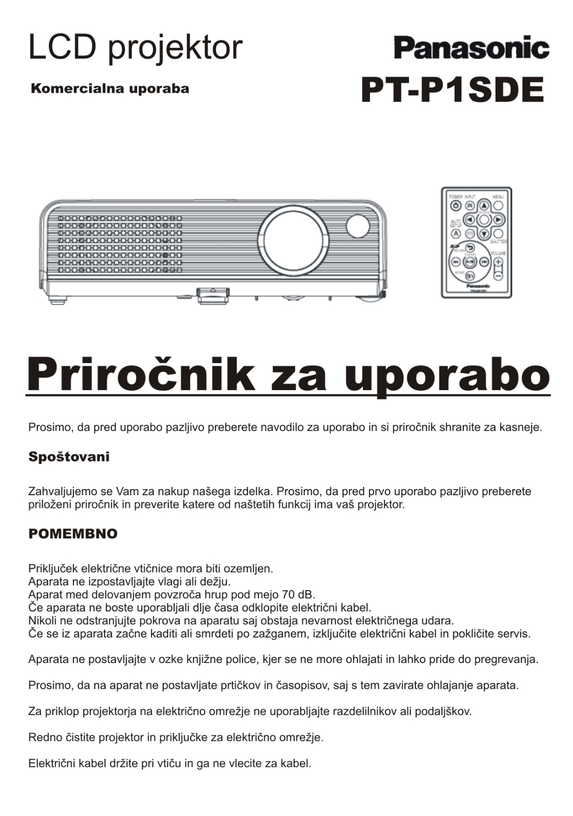 Panasonic PT-P1SDE User Manual