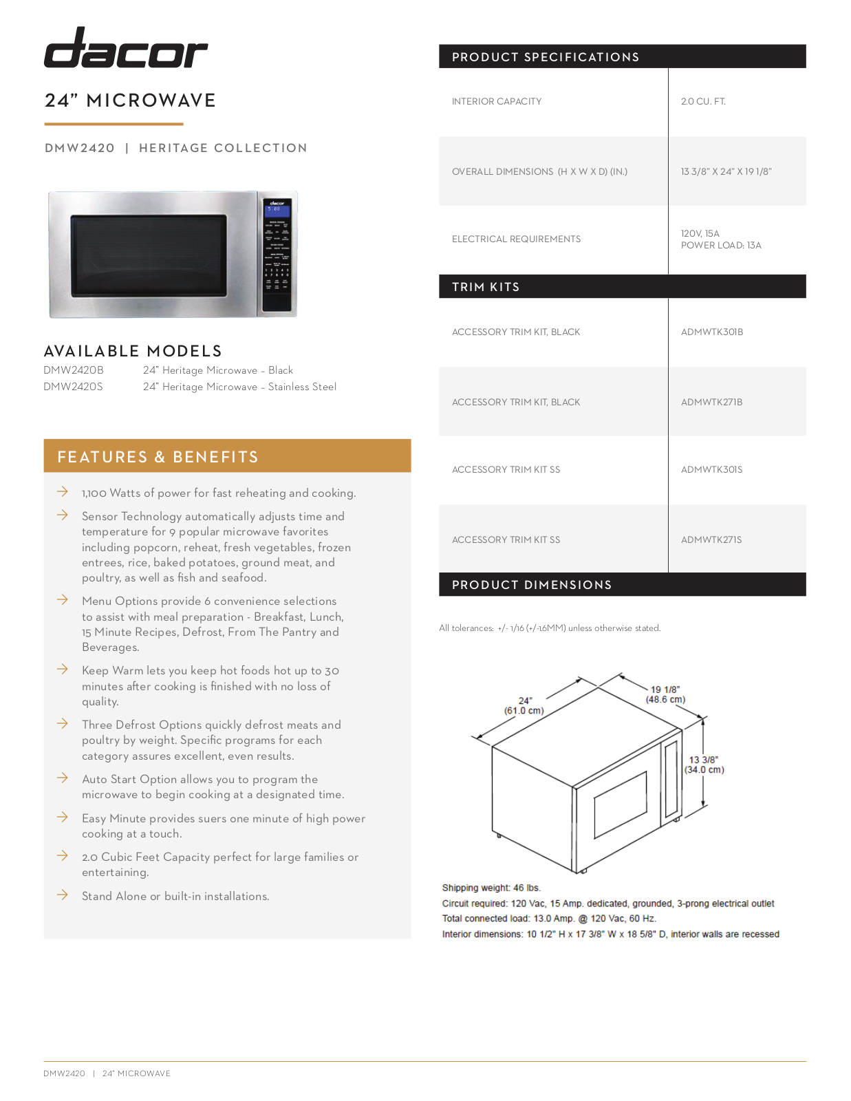 Dacor DMW2420S Specifications