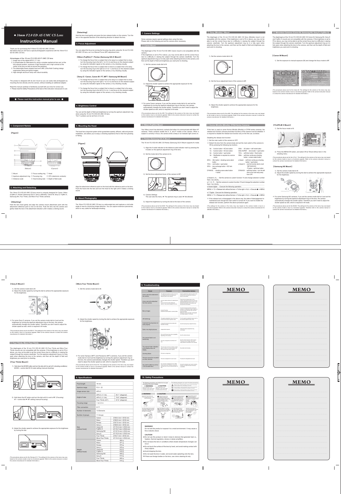 Samyang SY16M-P, SY16M-C, SY16M-M43, SY16M-S, SY16M-FX User manual