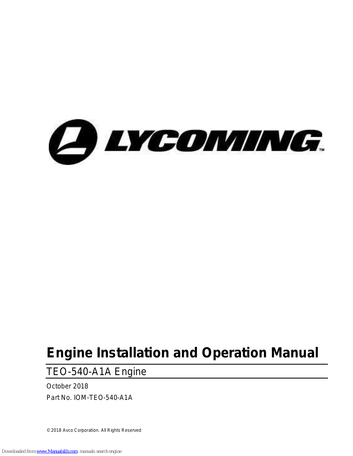 Lycoming TEO-540-A1A Installation And Operation Manual