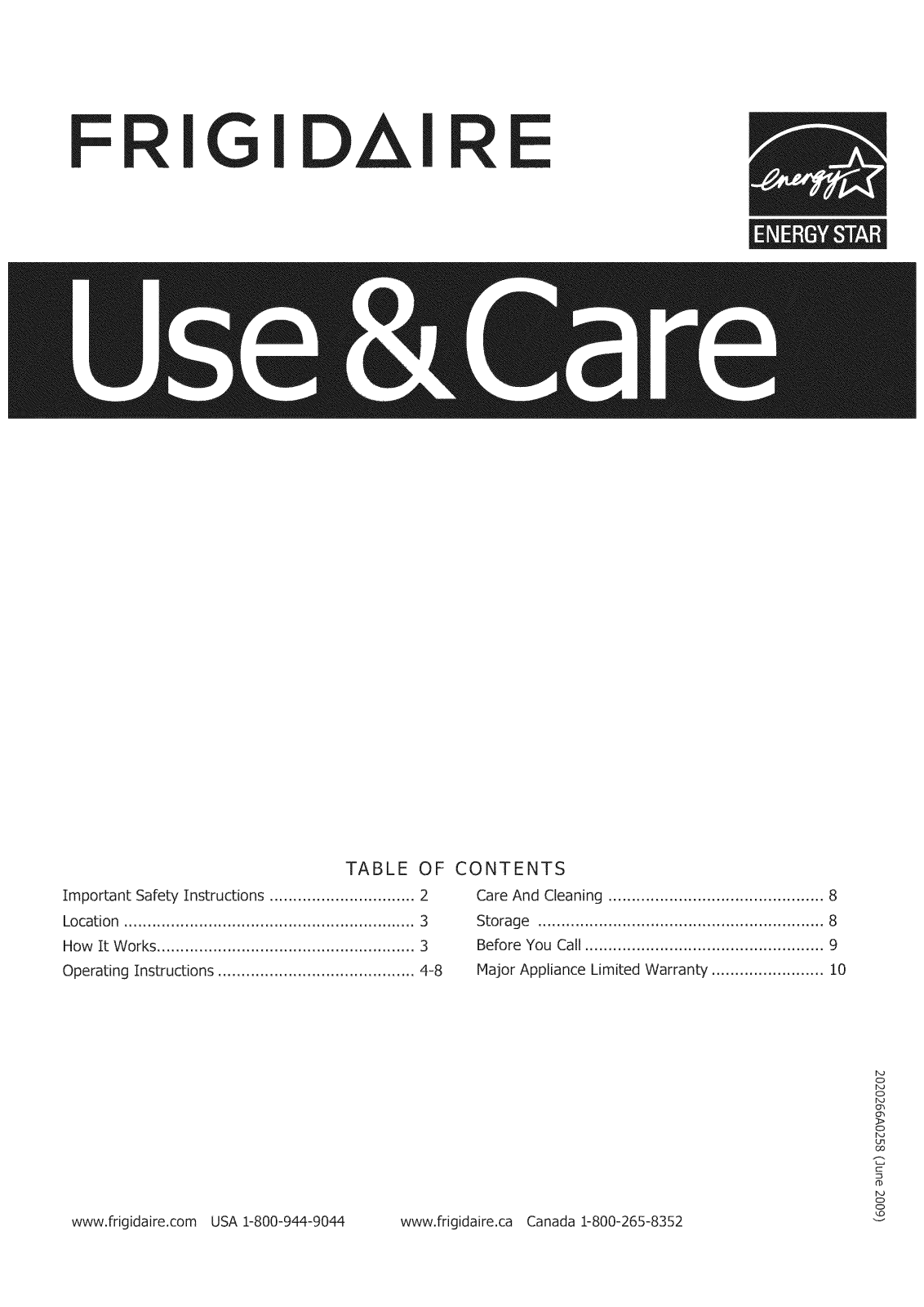 Frigidaire CAD504DWD9, CAD504DWD8, CAD504DWD7, CAD504DWD6, CAD504DWD5 Owner’s Manual