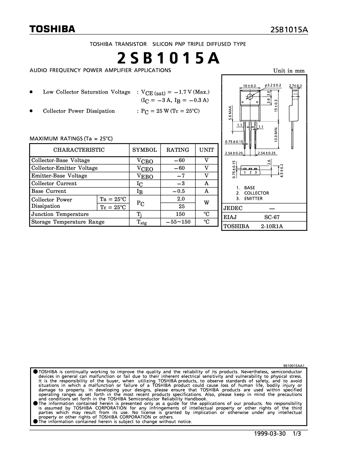 TOSHIBA 2SB1015A Service manual