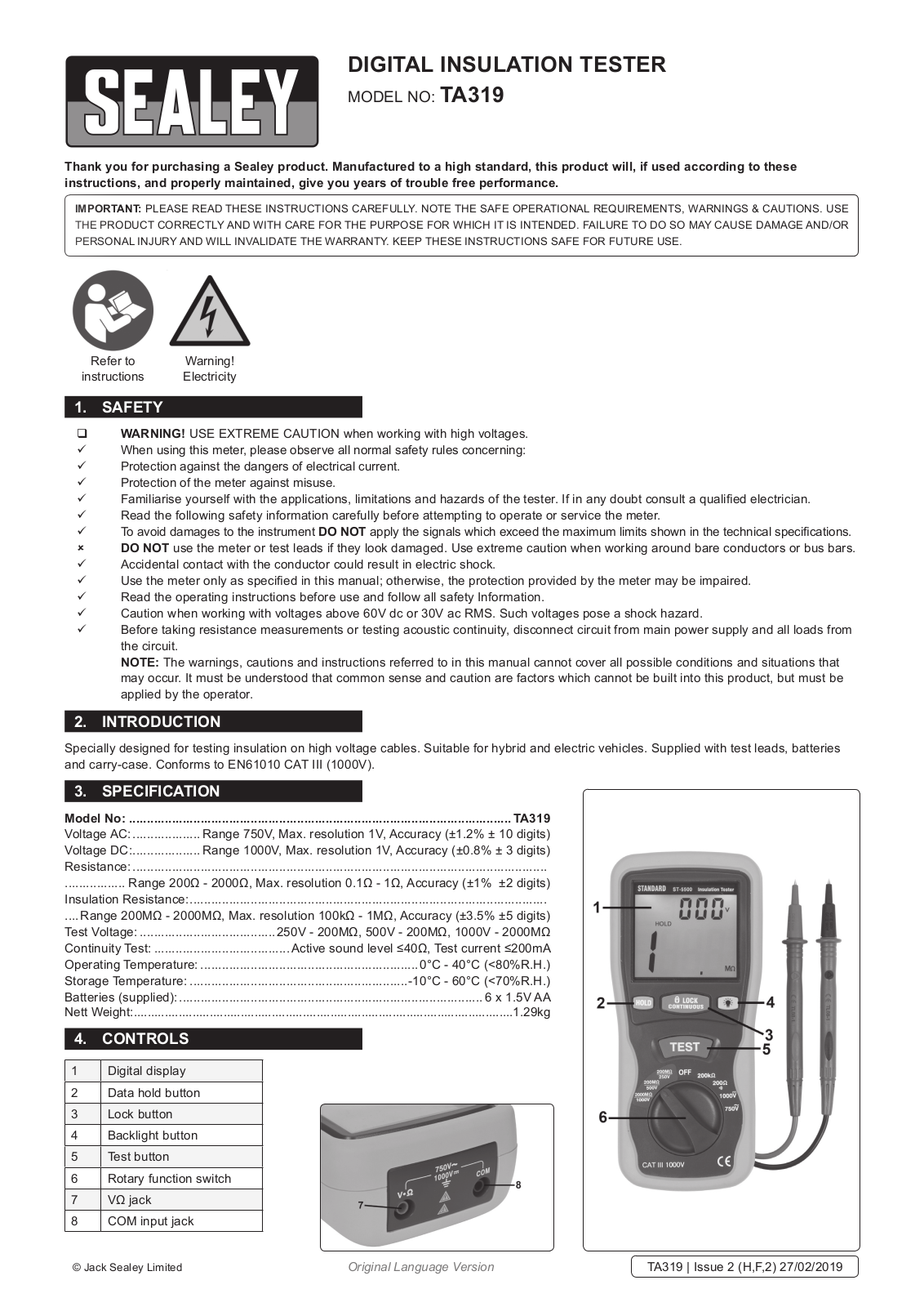 Sealey TA319 Instructions Manual