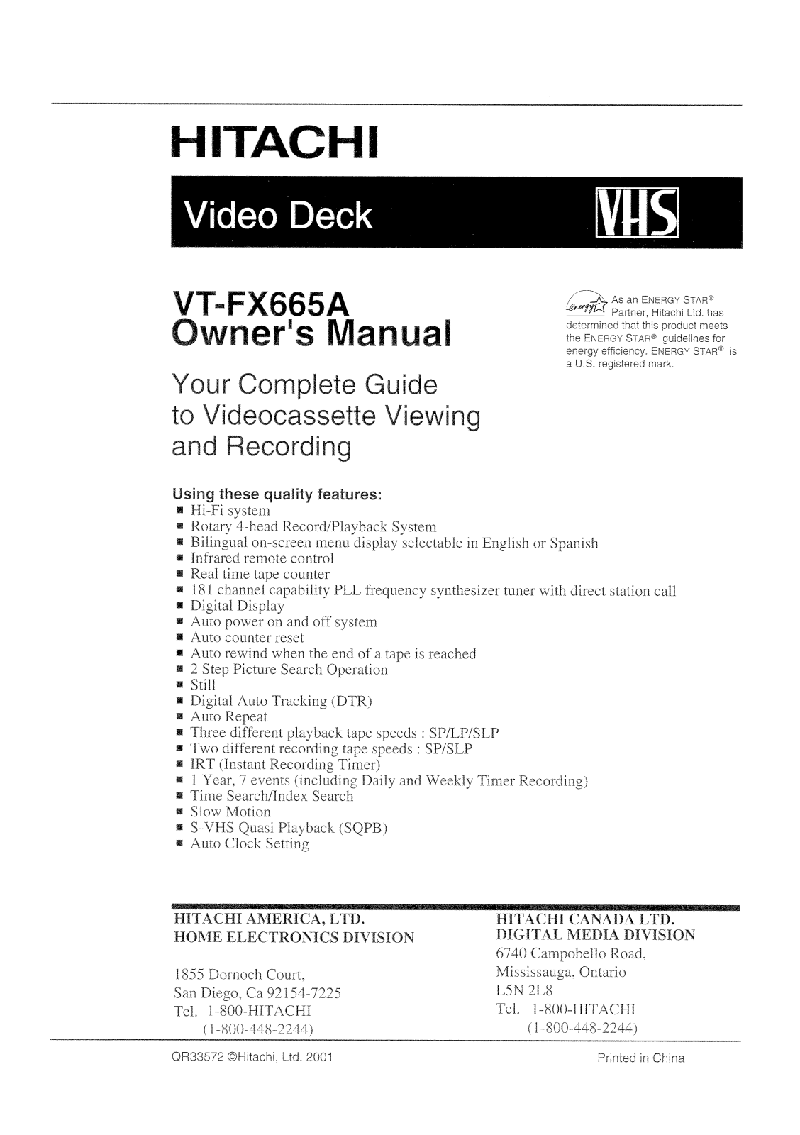 Hitachi VTFX665A Owner's Manual