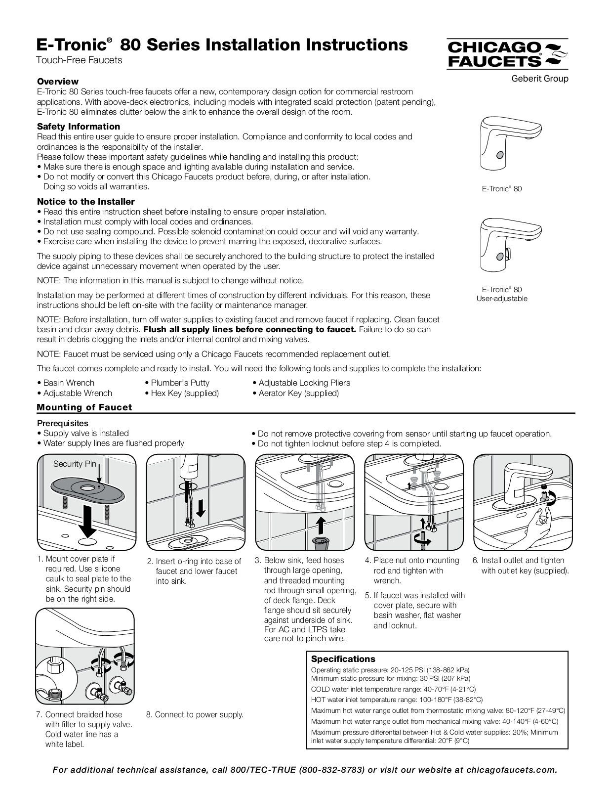 Chicago Faucets E-Tronic 80 Series Installation Instructions Manual