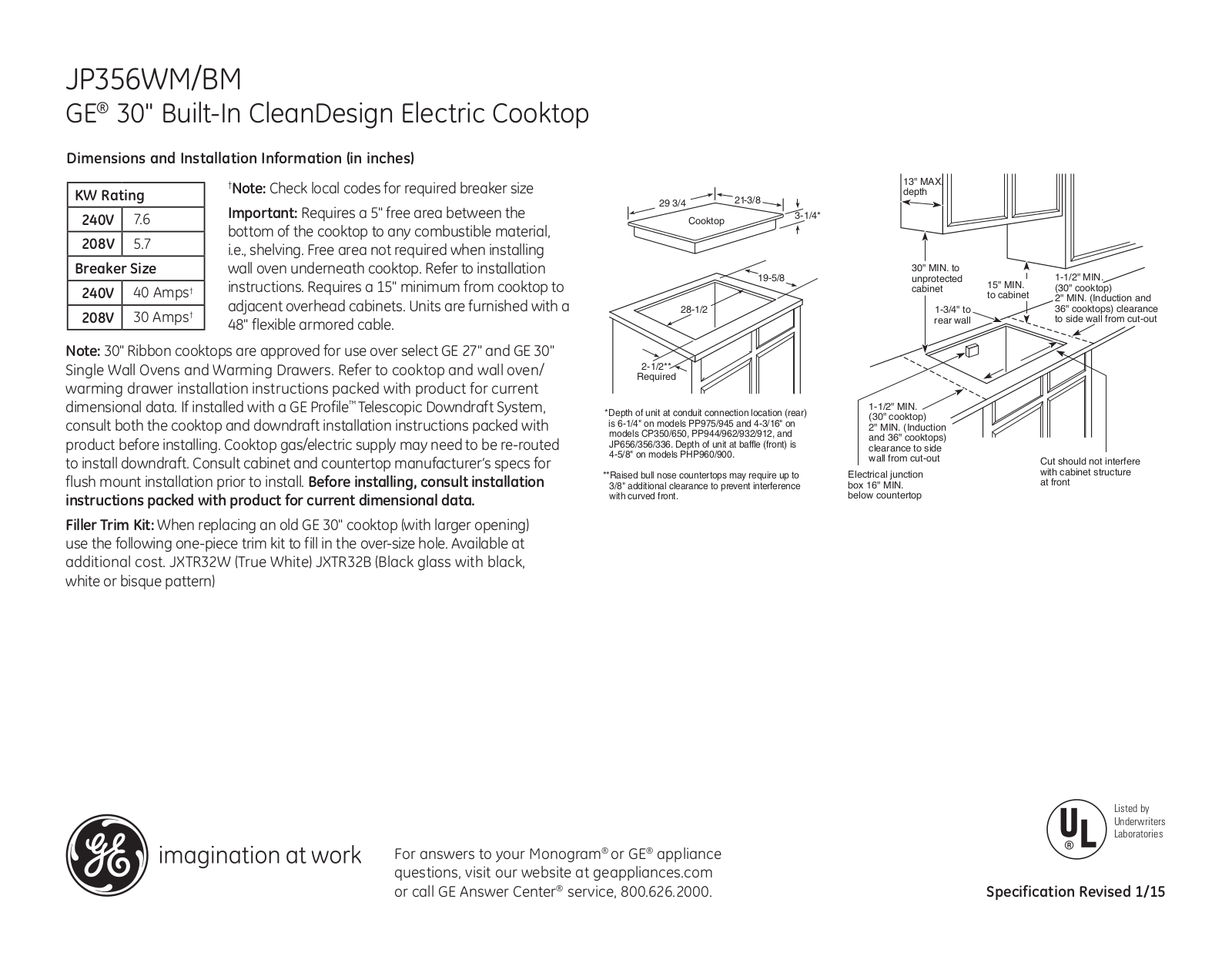 GE JP356WM, JP356BM Specification