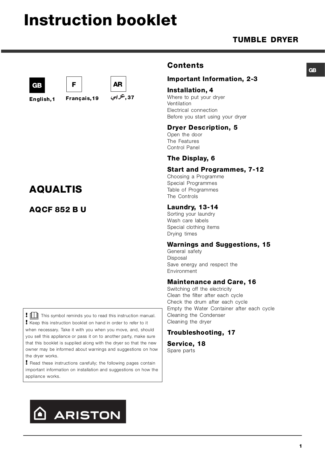 Hotpoint AQCF 852 B U User Manual