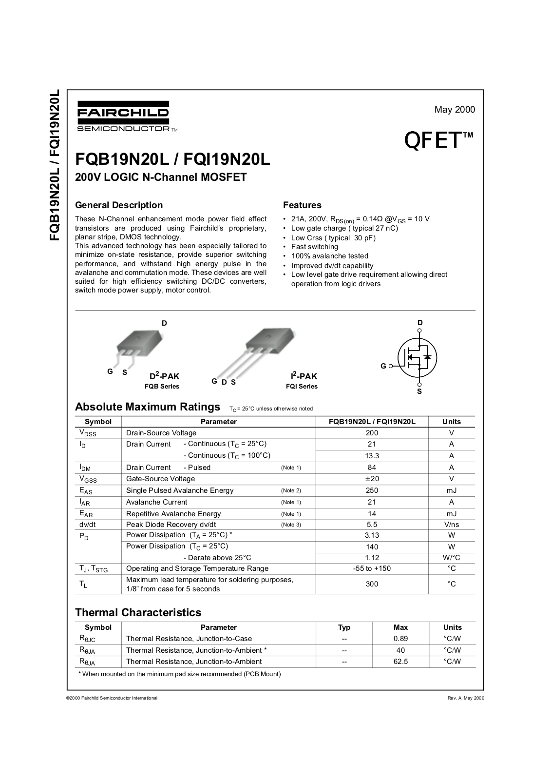 Fairchild Semiconductor FQI19N20L, FQB19N20L Datasheet