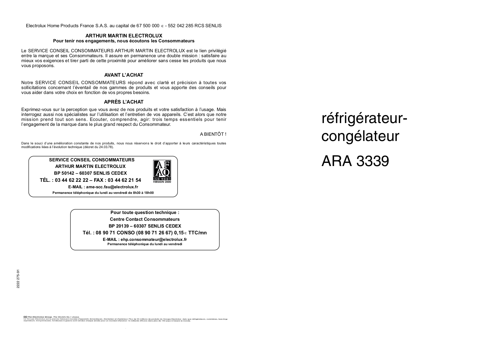 Arthur martin ARA3339 User Manual