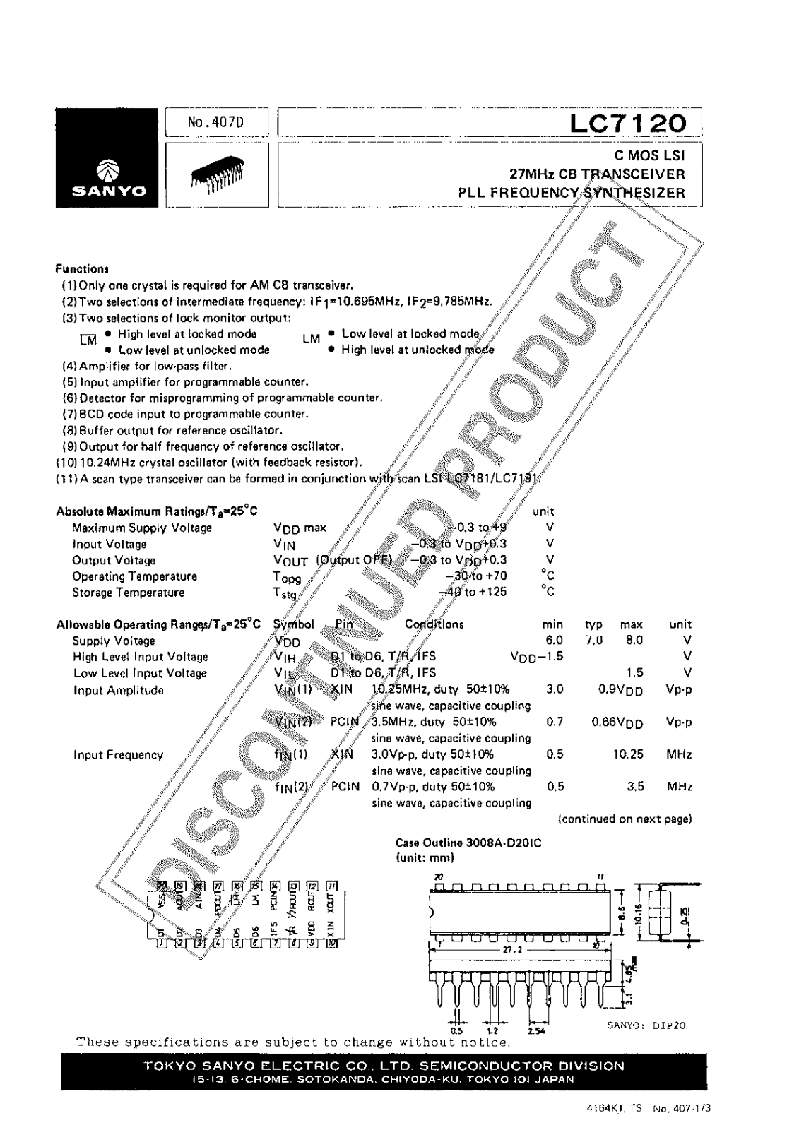 Sanyo LC7120 Specifications