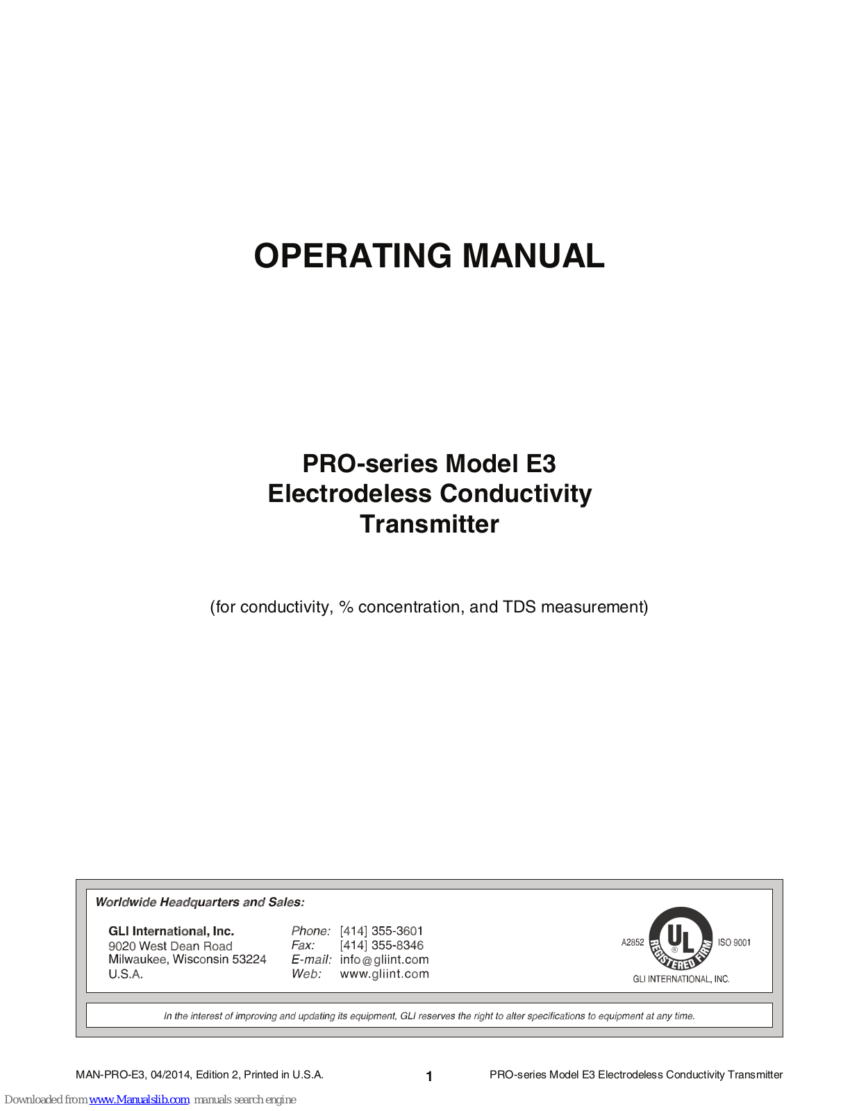 GLI International PRO-series, PRO-E3 series Operating Manual