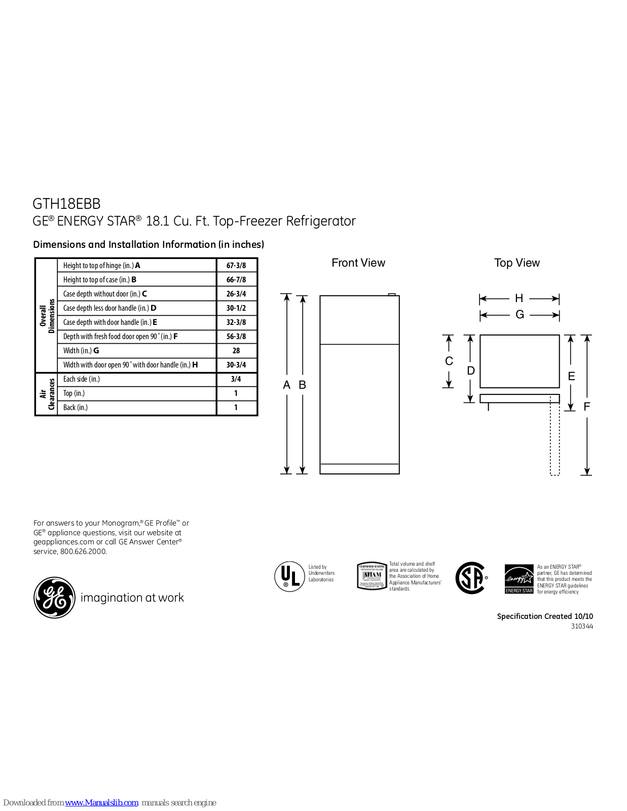 GE GTH18EBBWW, GTH18EBBBB Dimensions And Installation Information