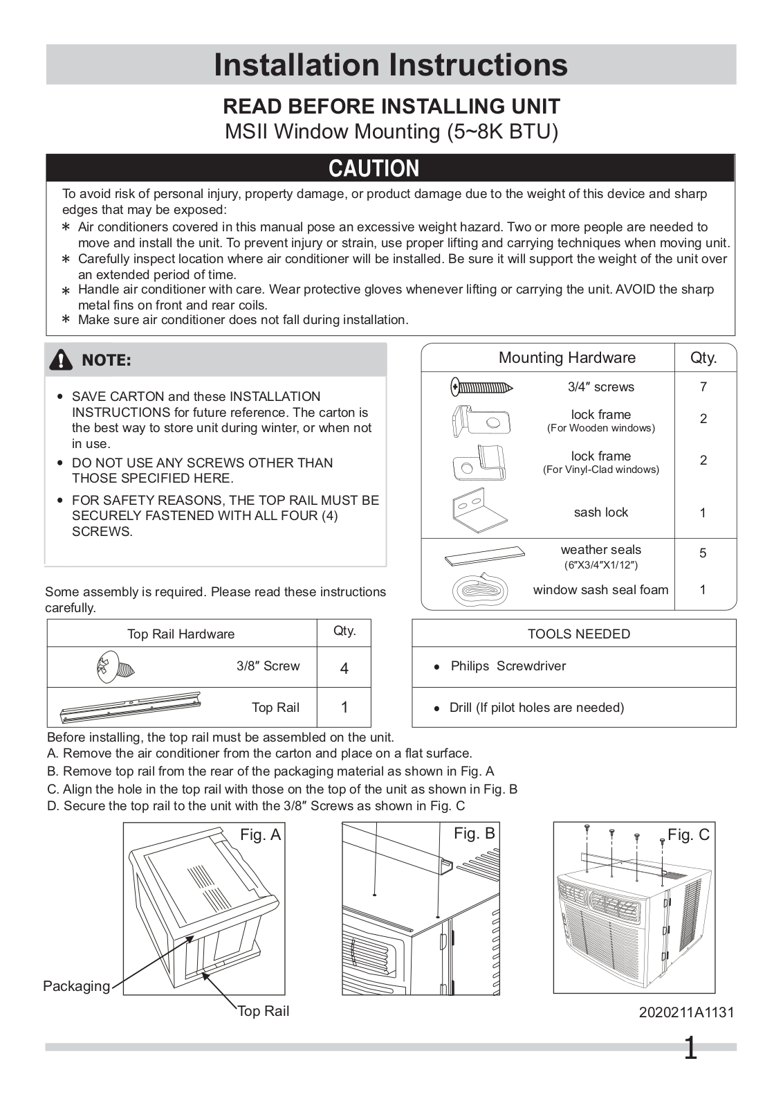 Frigidaire FRA082AT7, FRA062AT7 Installation  Manual