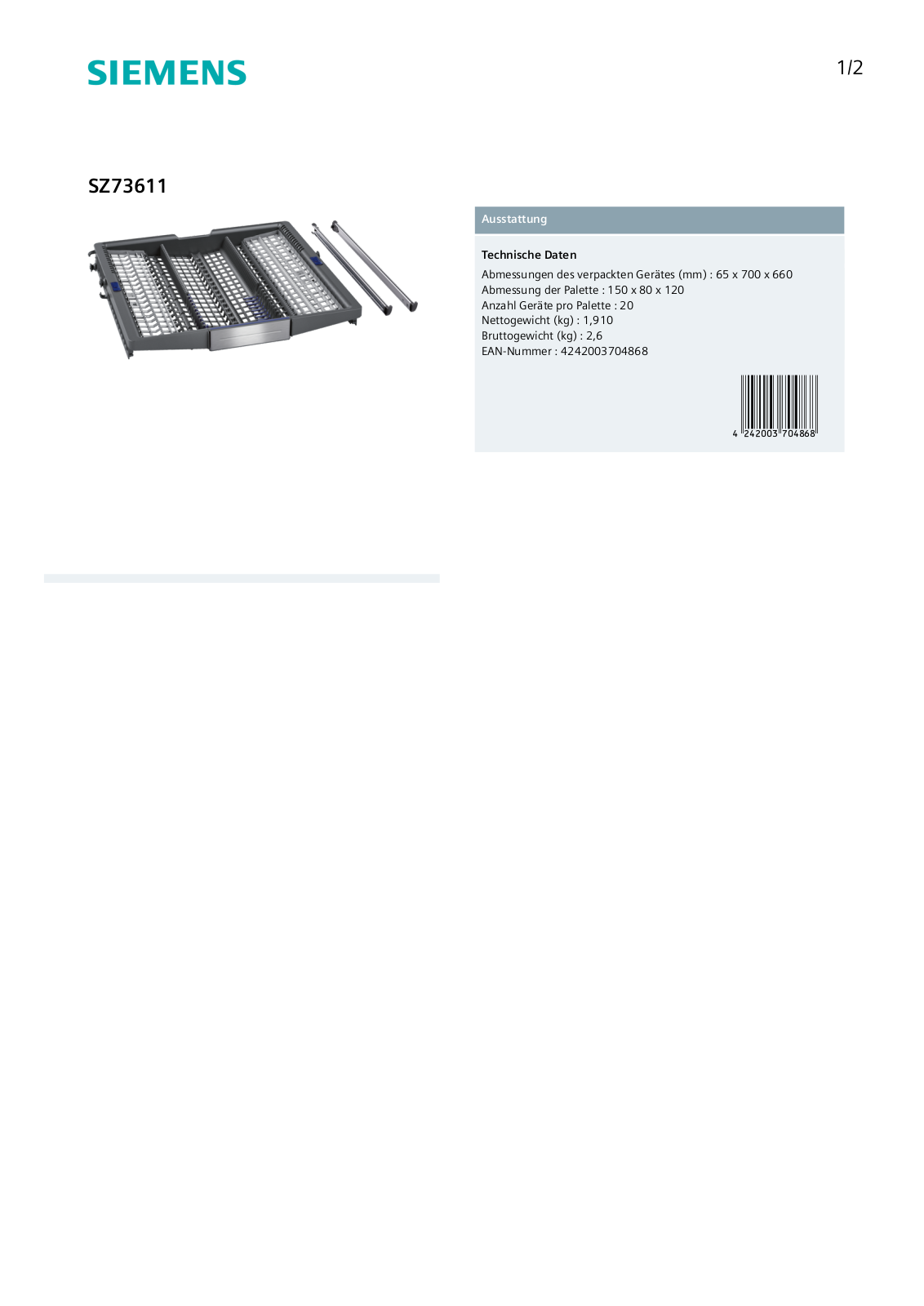 SIEMENS SZ73611 Technical data