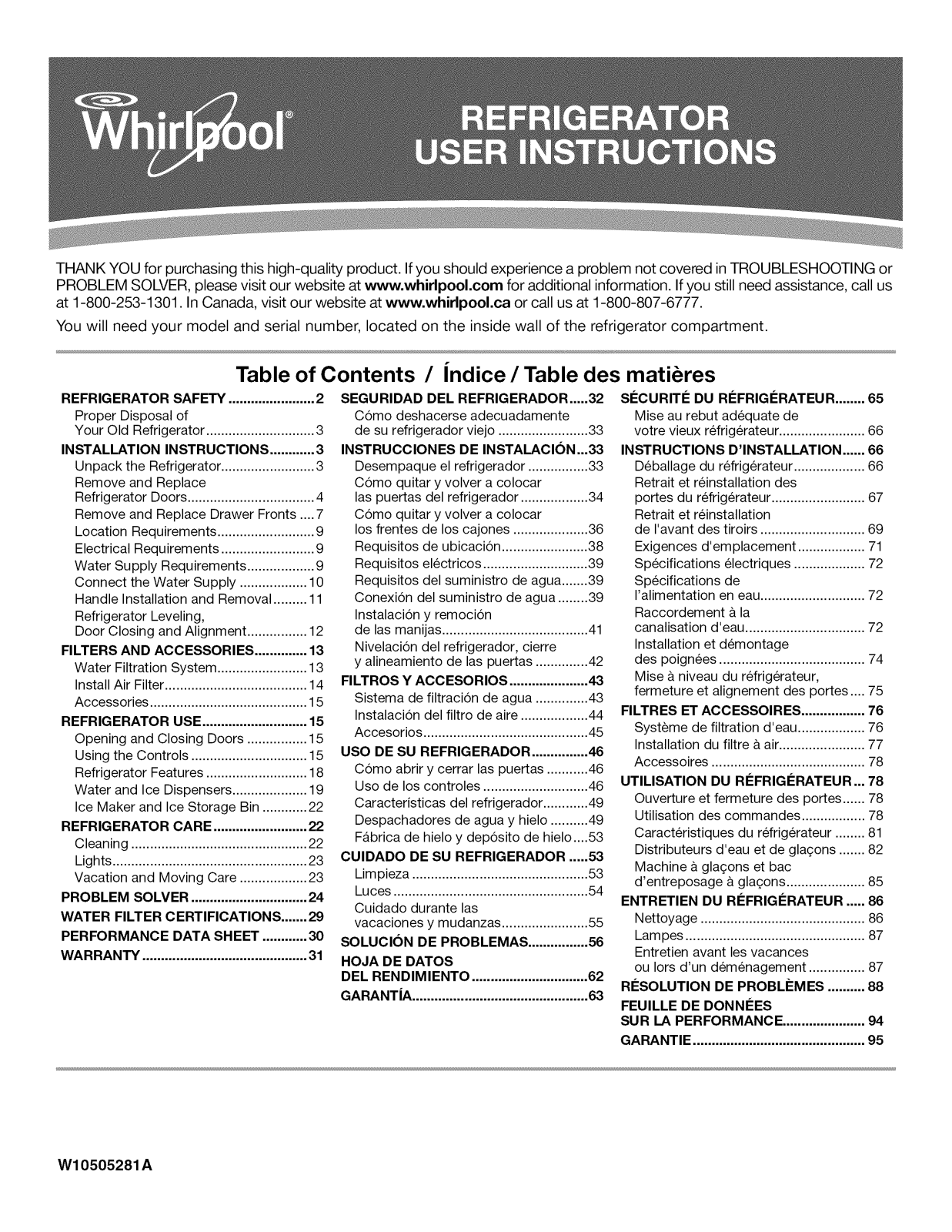 Whirlpool WRX988SIBW00, WRX988SIBH03, WRX988SIBE00, WRX986SIHV00, WRX988SIBW01 Owner’s Manual