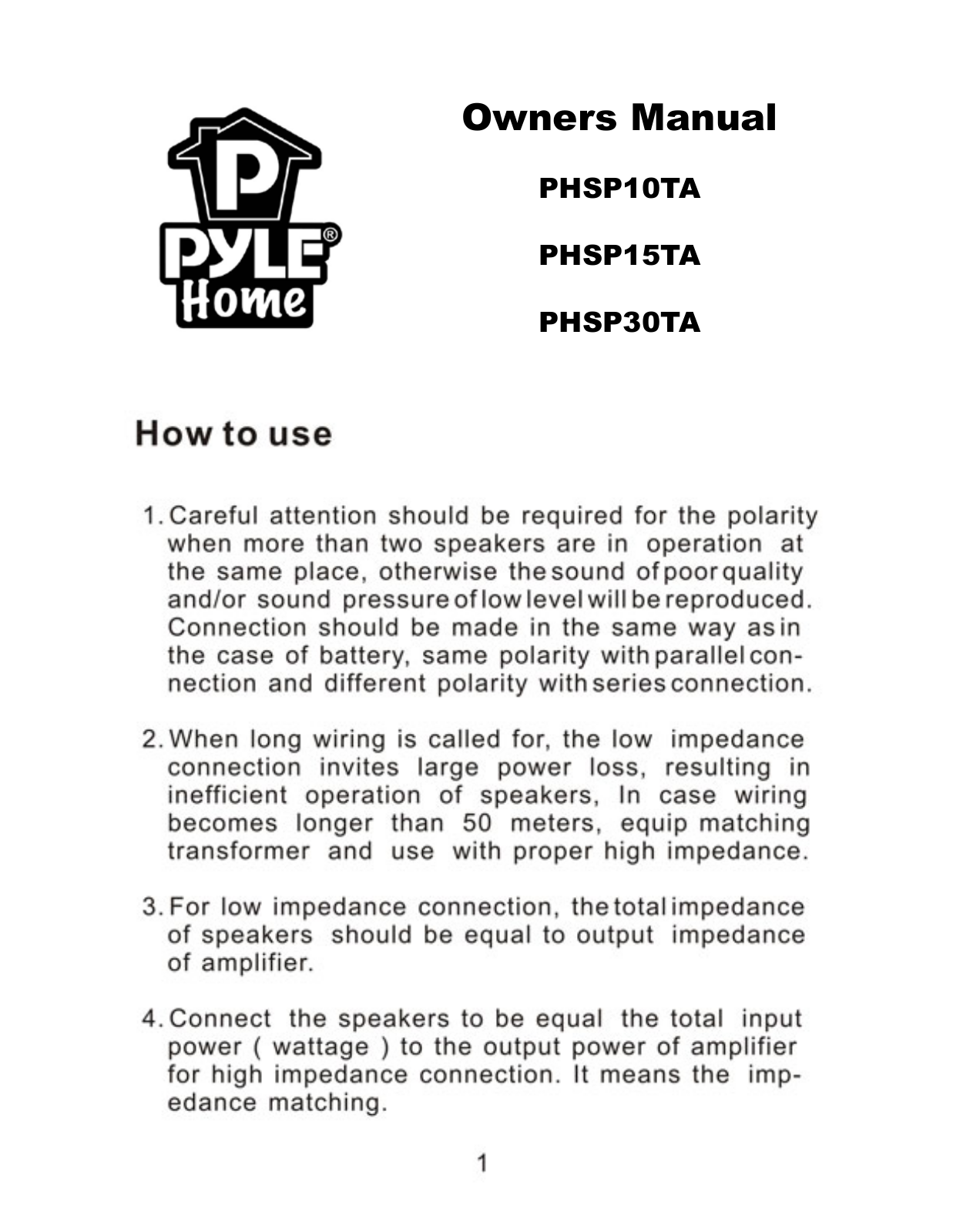 PYLE Audio PHSP10TA, PHSP30TA, PHSP15TA User Manual