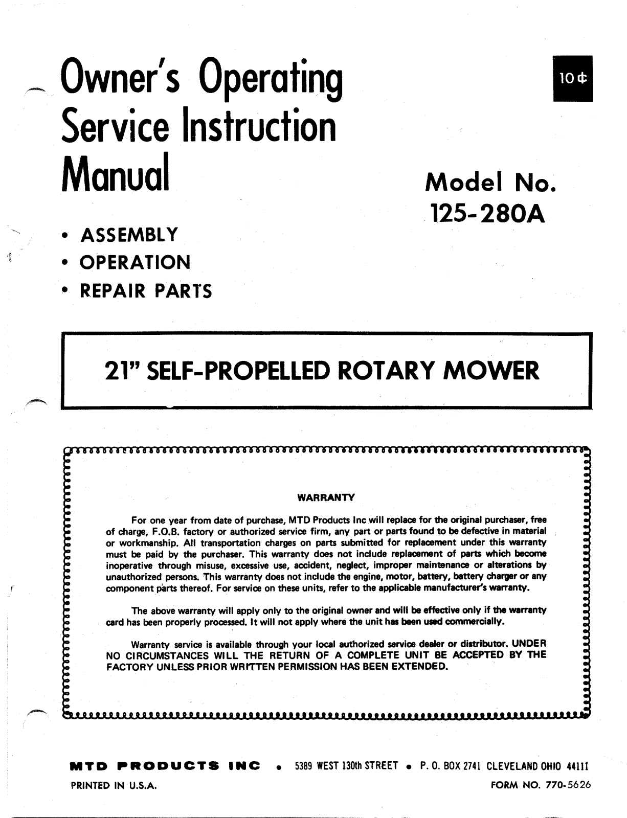 MTD 125-280A User Manual