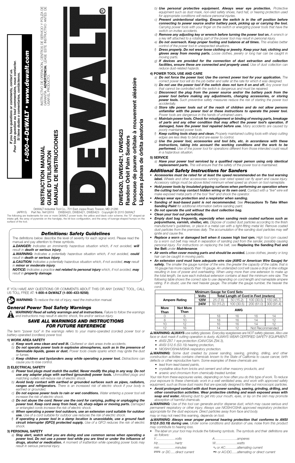 DeWalt DWE6423K TYPE 1, DWE6420 TYPE 1, DWE6421K TYPE 1 Owner’s Manual