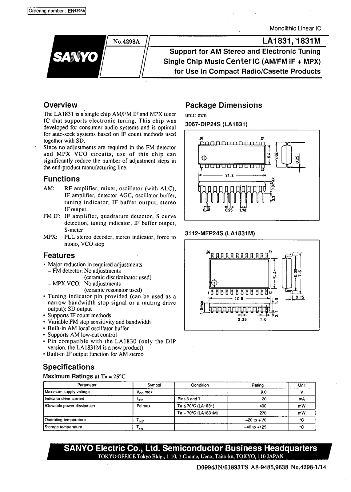 SANYO LA1831, LA1831M Datasheet