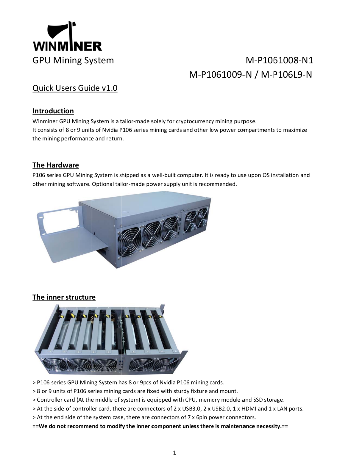 Winminer M-P1061008-N1, M-P106L9-N, M-P1061009-N Quick User Manual