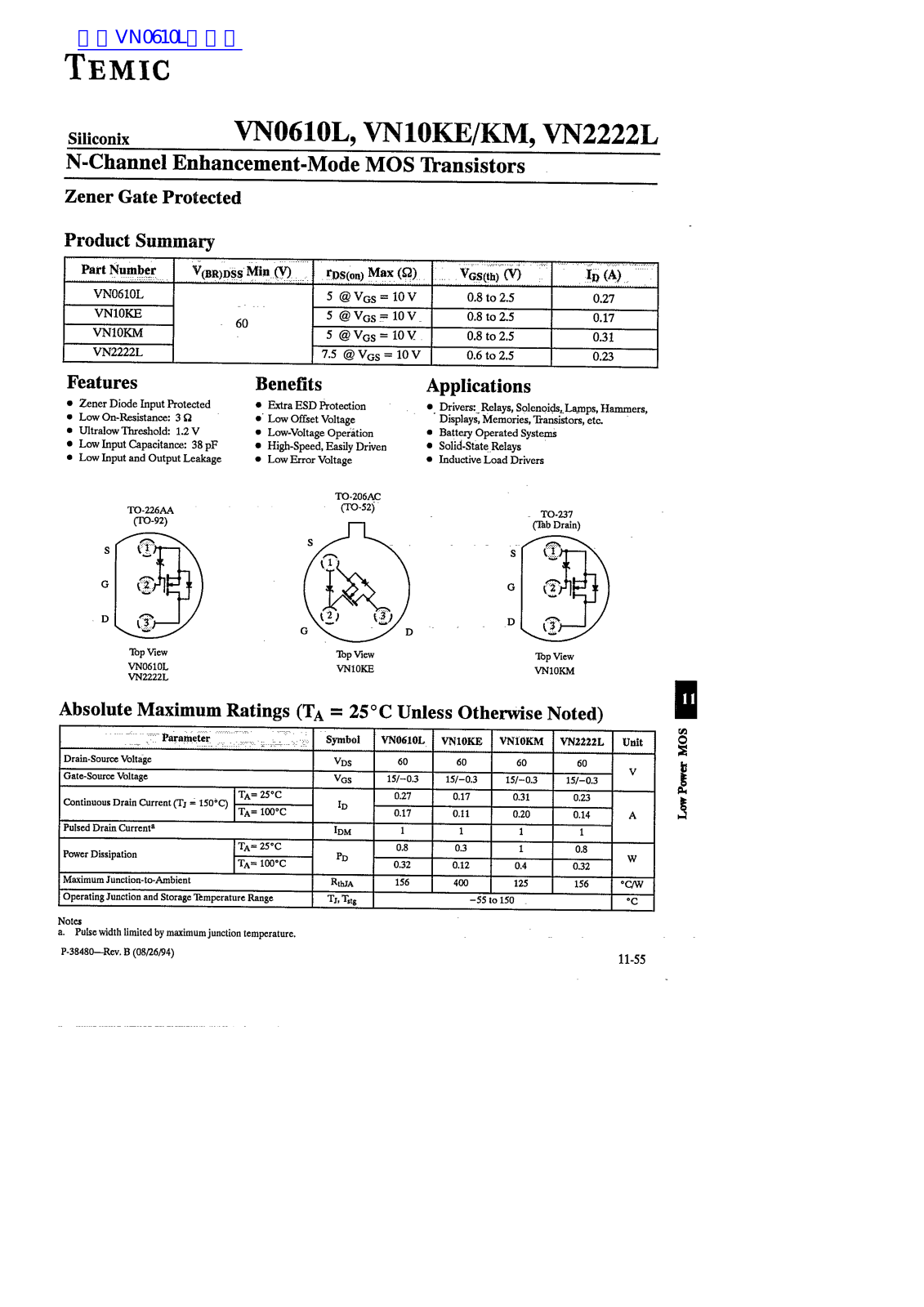 TEMIC VN0610L, VN10KE, VN10KM, VN2222L Technical data