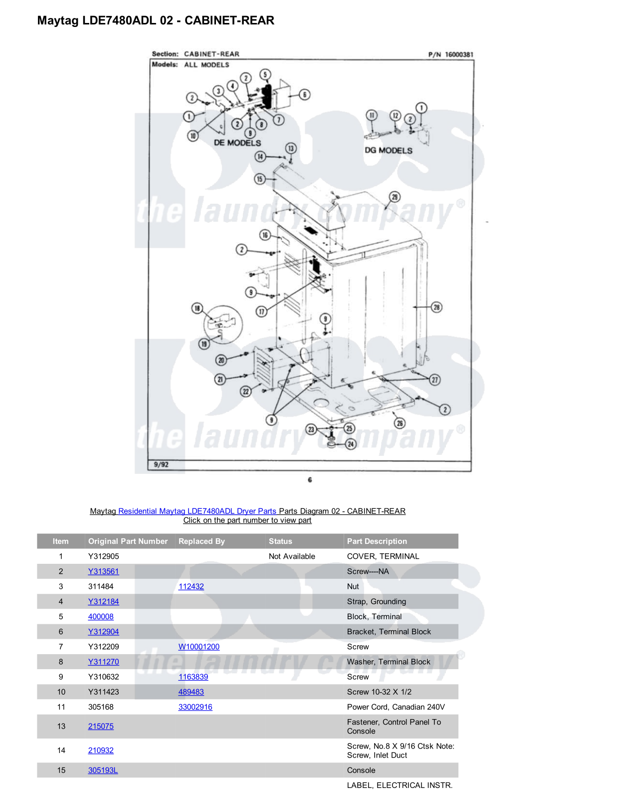 Maytag LDE7480ADL Parts Diagram