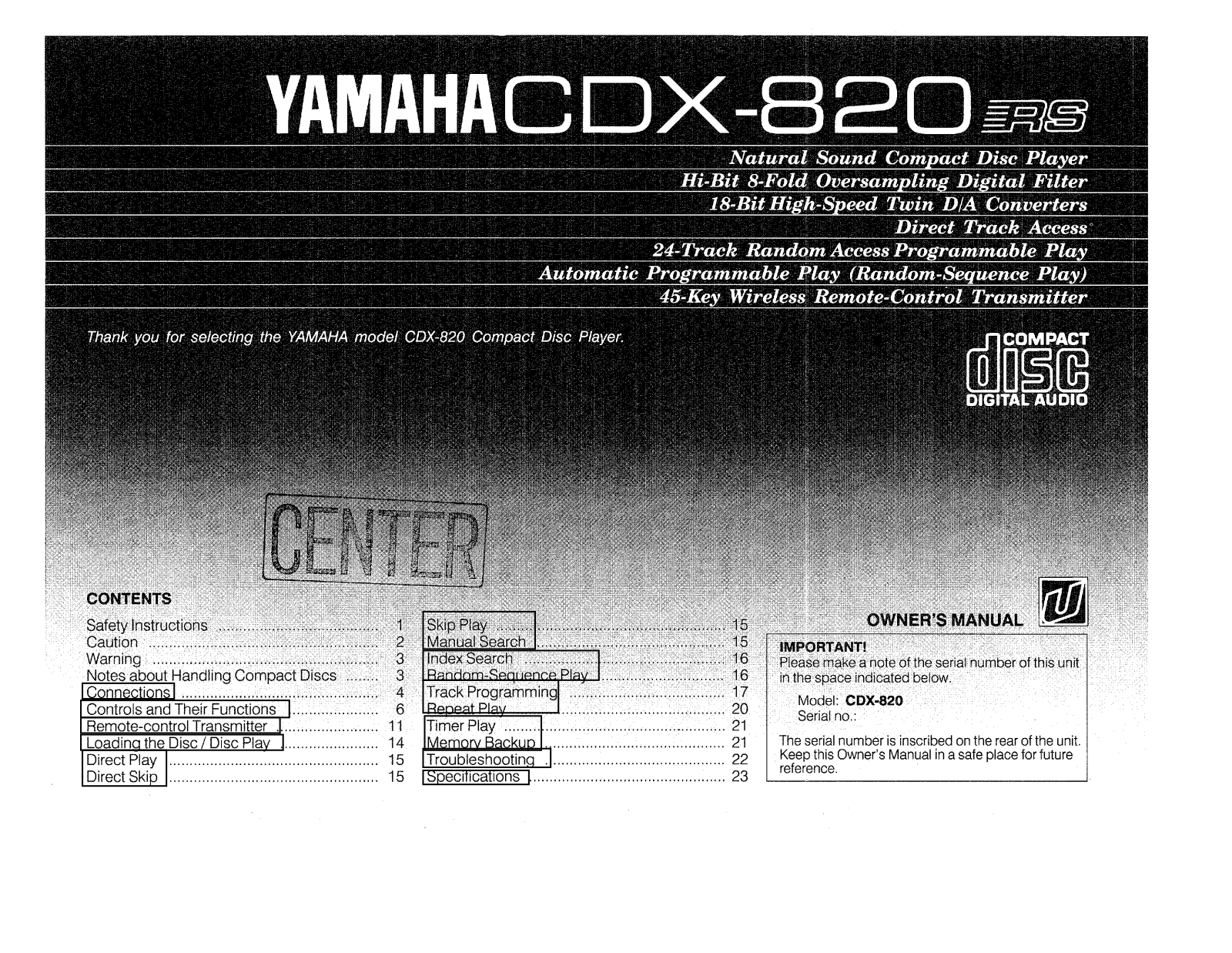 Yamaha CDX-820, CDX-820RS Owner Manual