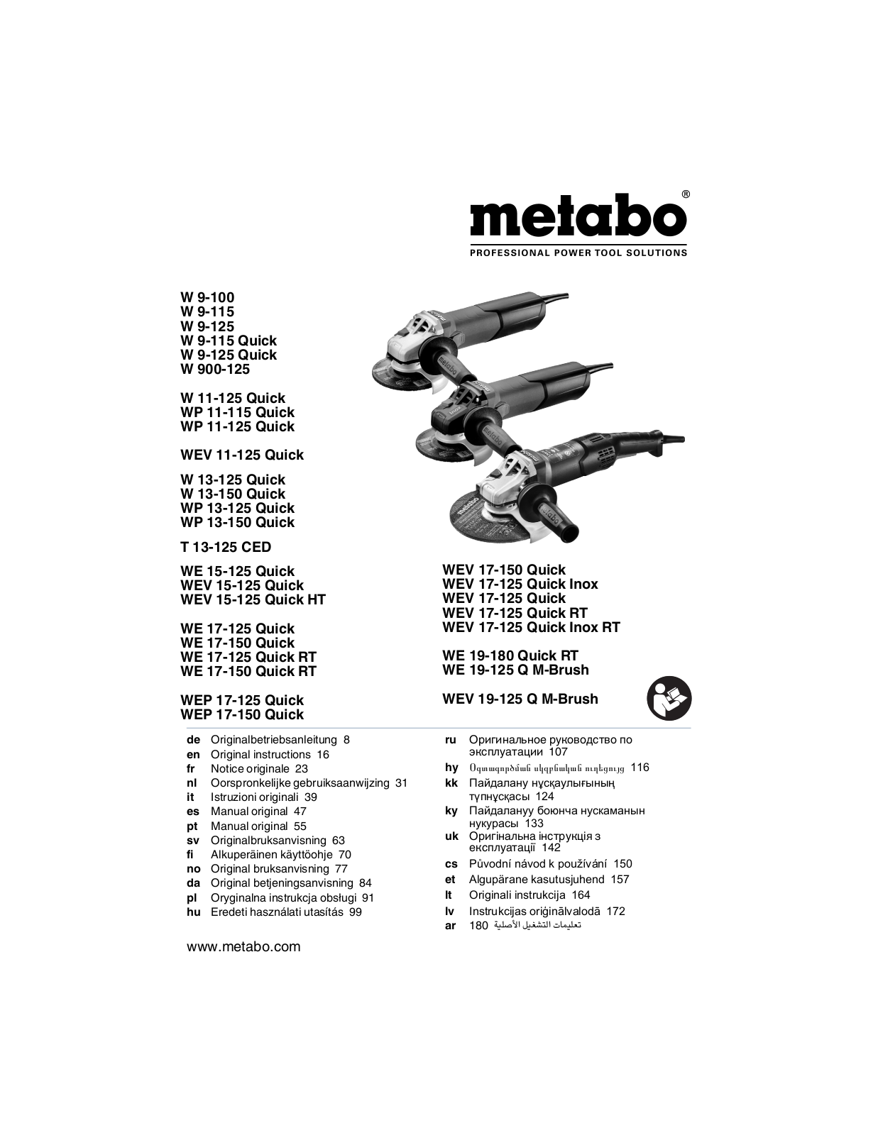 METABO W 9-125 600376000, W 9-125 Quick 600374000, WEV 15-125 Quick HT 600562000, W 9-115 Quick 600371000, W 9-115 600354000 User guide