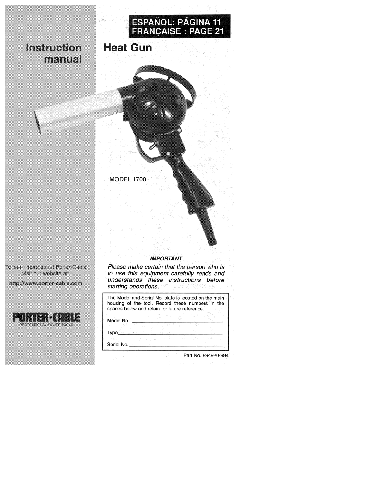 Porter-Cable 1700 User Manual