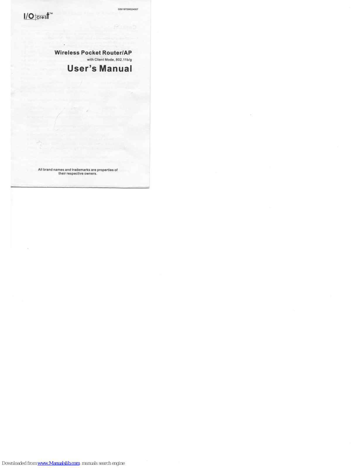 Crest Electronics Wireless pocket router AP, I/O Crest Wireless pocket router AP with Client Mode, 802.11b/g User Manual - ManualMachine.com