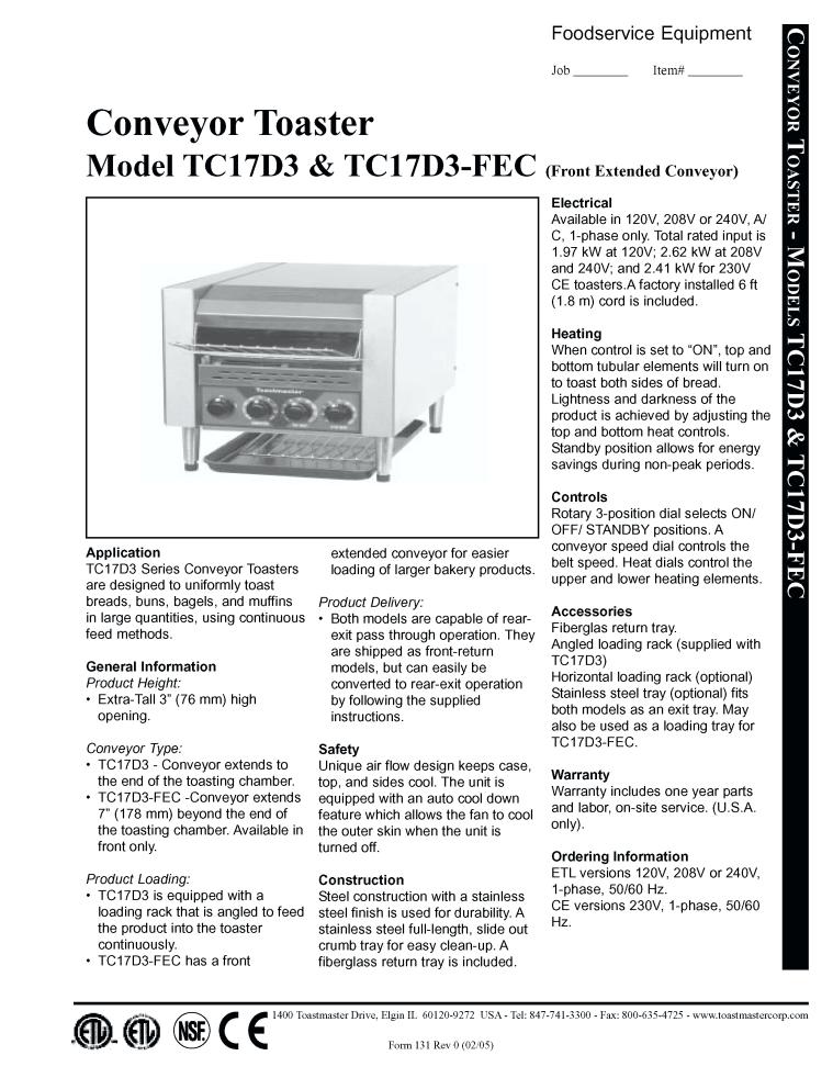 Toastmaster TC17D3 FEC 663-208V, TC17D3674-120V, TC17D3 FEC 666-240V, TC21D3666-240V, TC21D3 FEC 666-240V User Manual