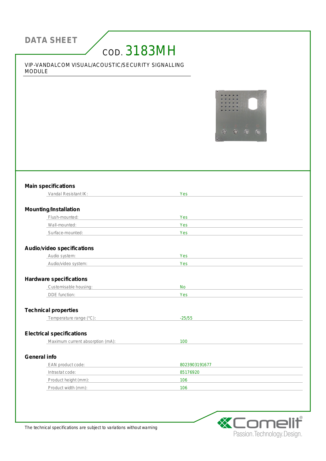 Comelit 3183MH Specsheet