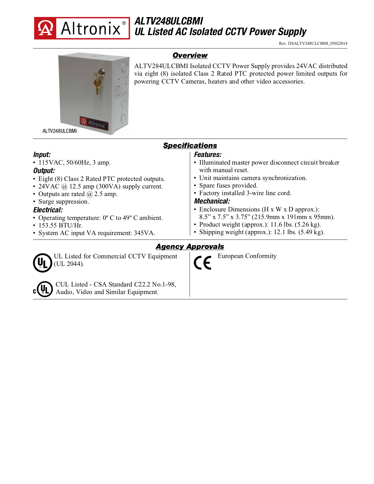 Altronix ALTV248ULCBMI Specsheet